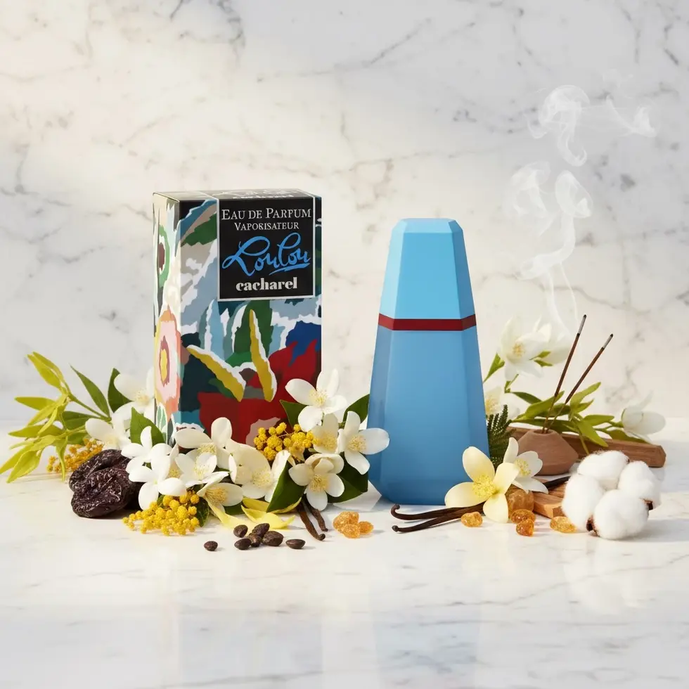 Bouteille de parfum bleue avec boîte décorée de motifs floraux, entourée d'encens et de fleurs de jasmin.