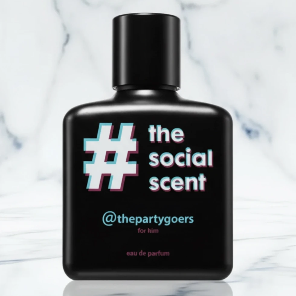 Flacon de parfum noir avec bouchon noir sur fond de marbre blanc.