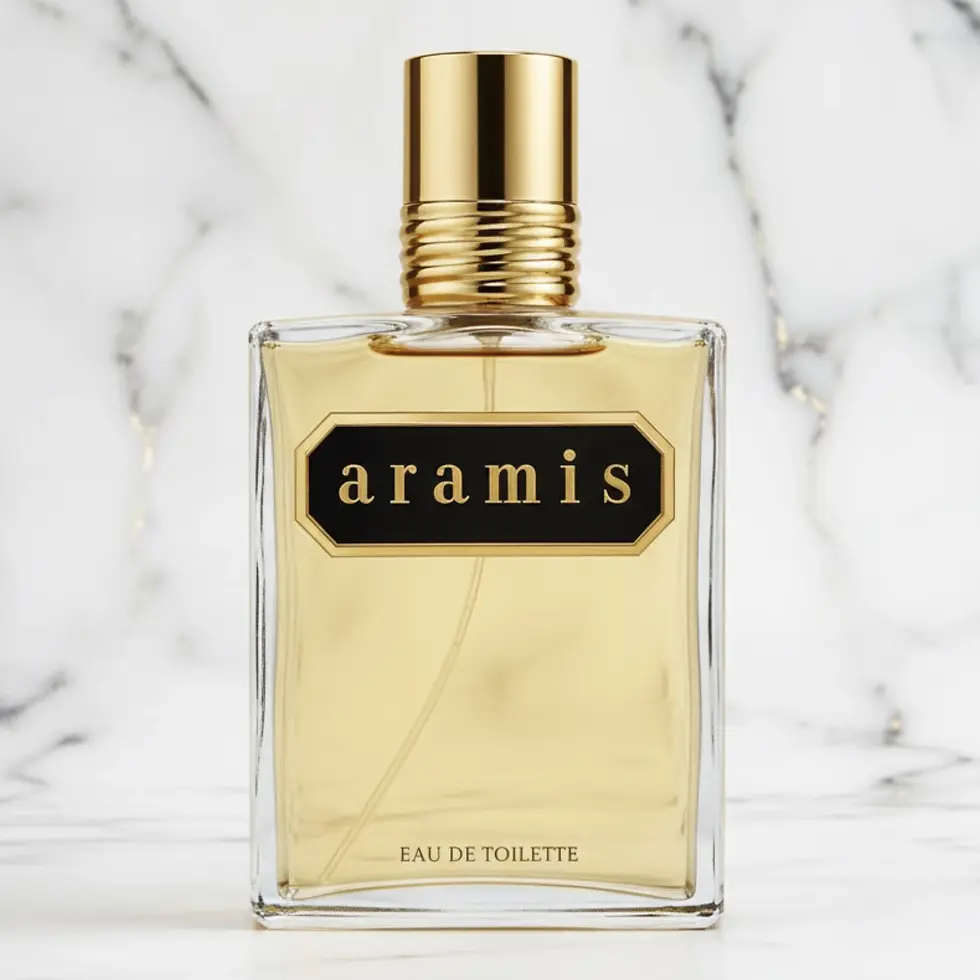 Flacon de parfum masculin classique sur un fond de marbre blanc et gris.