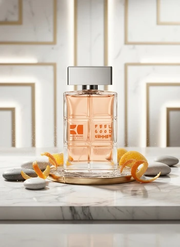 Flacon de parfum rectangulaire avec des zestes d'orange et des galets sur un plateau.