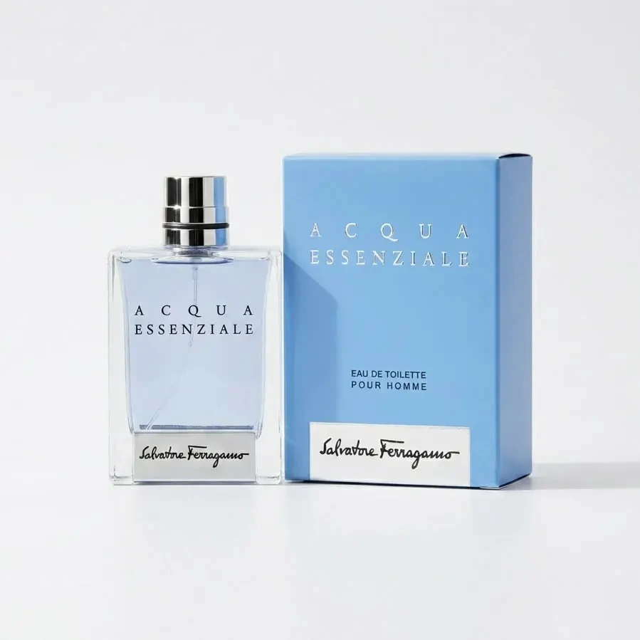 Flacon Acqua Essenziale EDT avec coffret bleu ciel, inscription argentée, eau de toilette pour homme Ferragamo