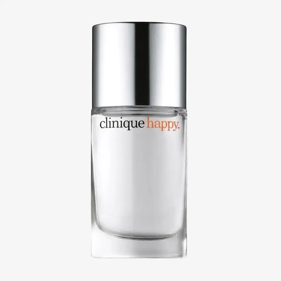 Flacon rectangulaire transparent Clinique Happy EDP, inscription noire et orange, grand bouchon argenté