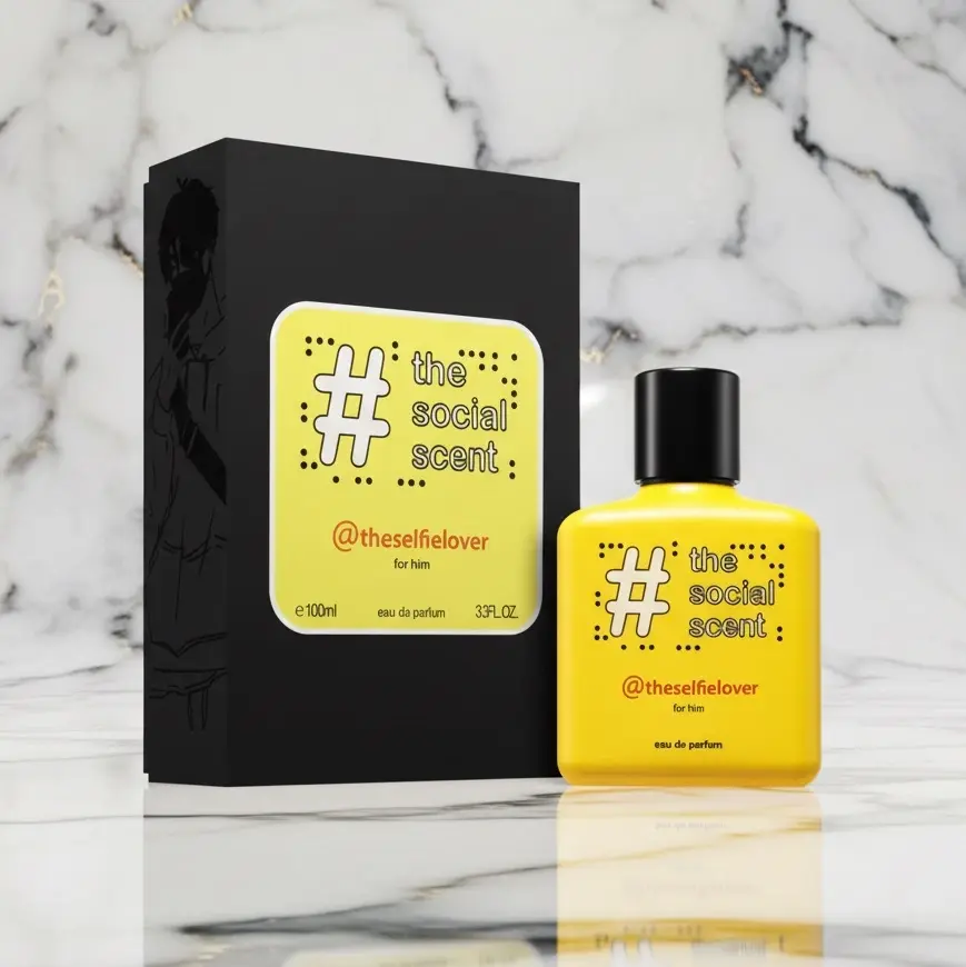 Flacon de parfum jaune et noir avec son emballage sur marbre blanc.