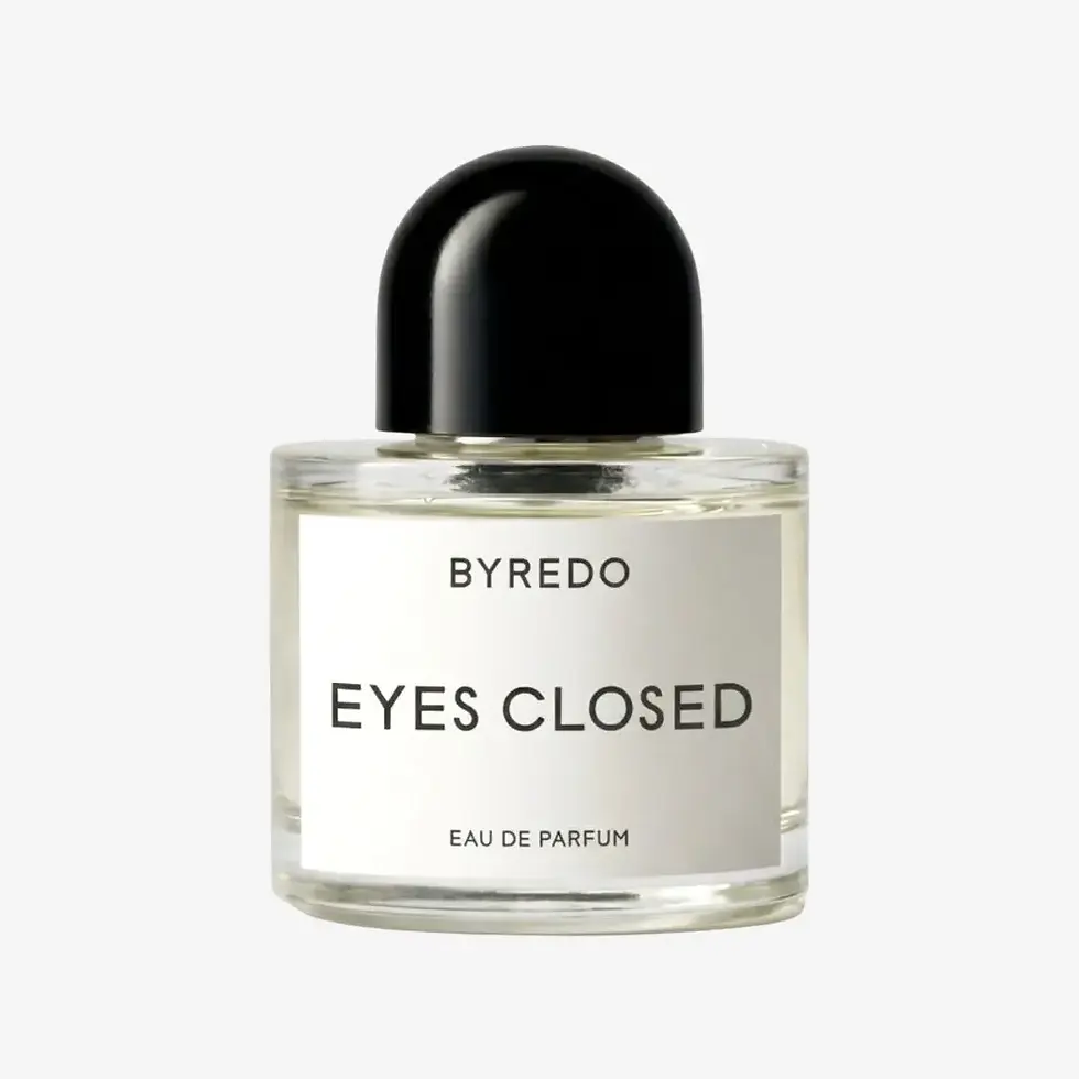 Flacon cylindrique transparent Byredo Eyes Closed EDP, étiquette blanche typographie noire, bouchon dôme noir