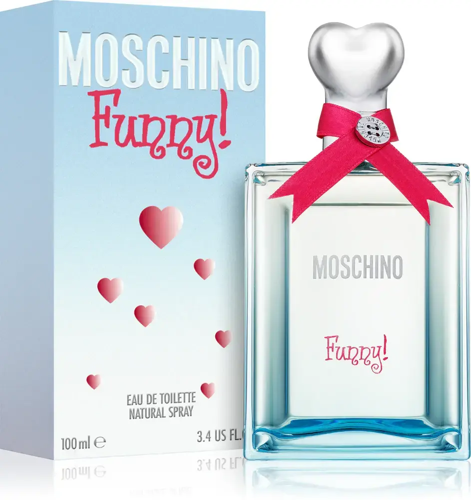 Flacon Moschino Funny EDT 100ml avec son coffret bleu ciel à cœurs roses, bouchon cœur argenté