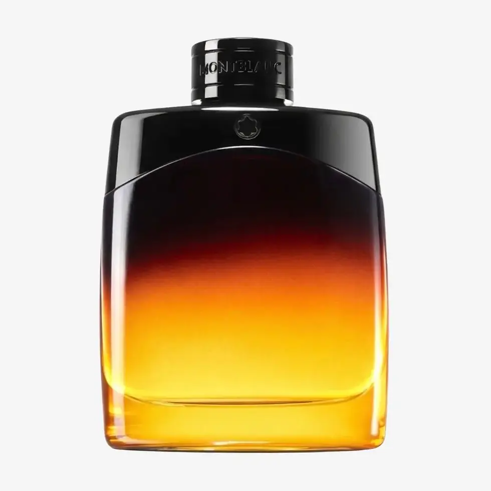 Flacon Montblanc Legend Night dégradé noir ambre orangé, bouchon noir laqué logo étoile, fond gris