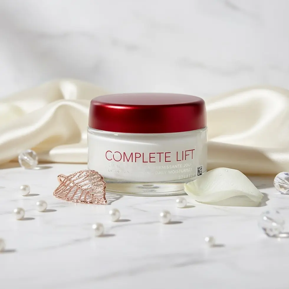 Pot de crème visage liftante entouré de perles, d'une feuille de métal et d'un pétale.