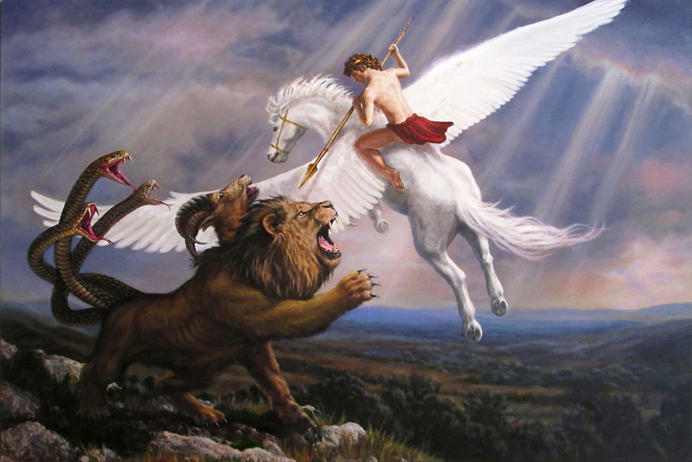 Pegasus and Bellerophon battle Chimera