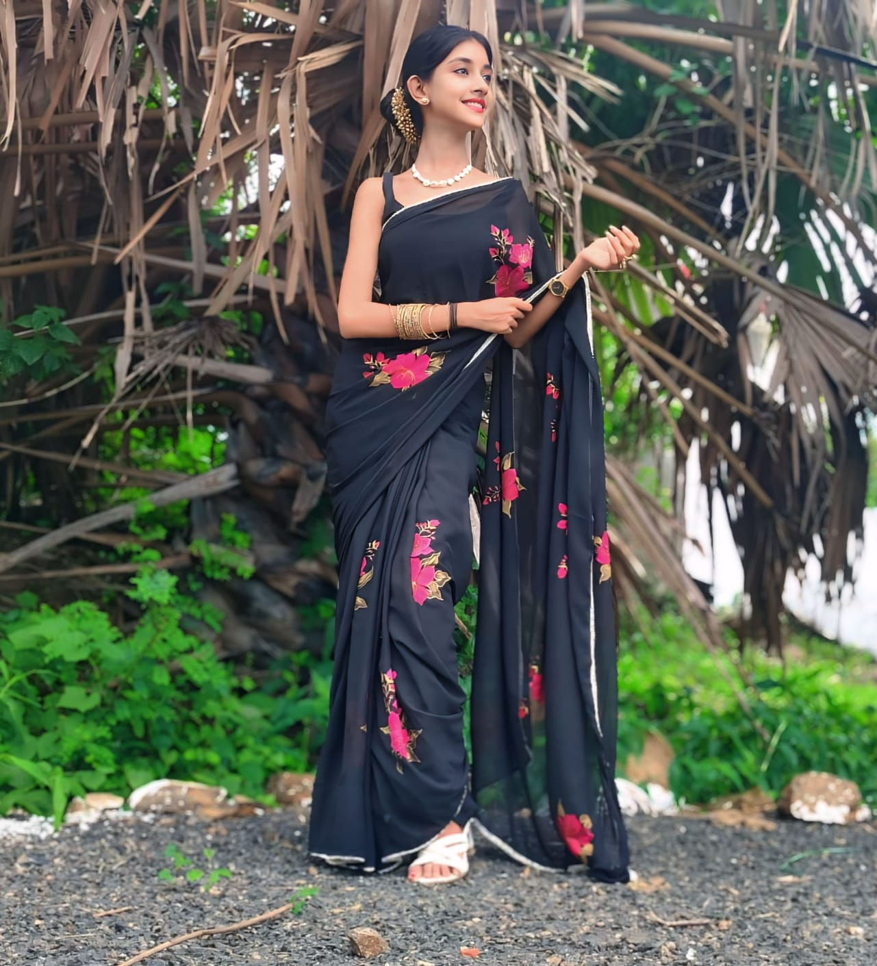 Black Pure Georgette Floral Saree
