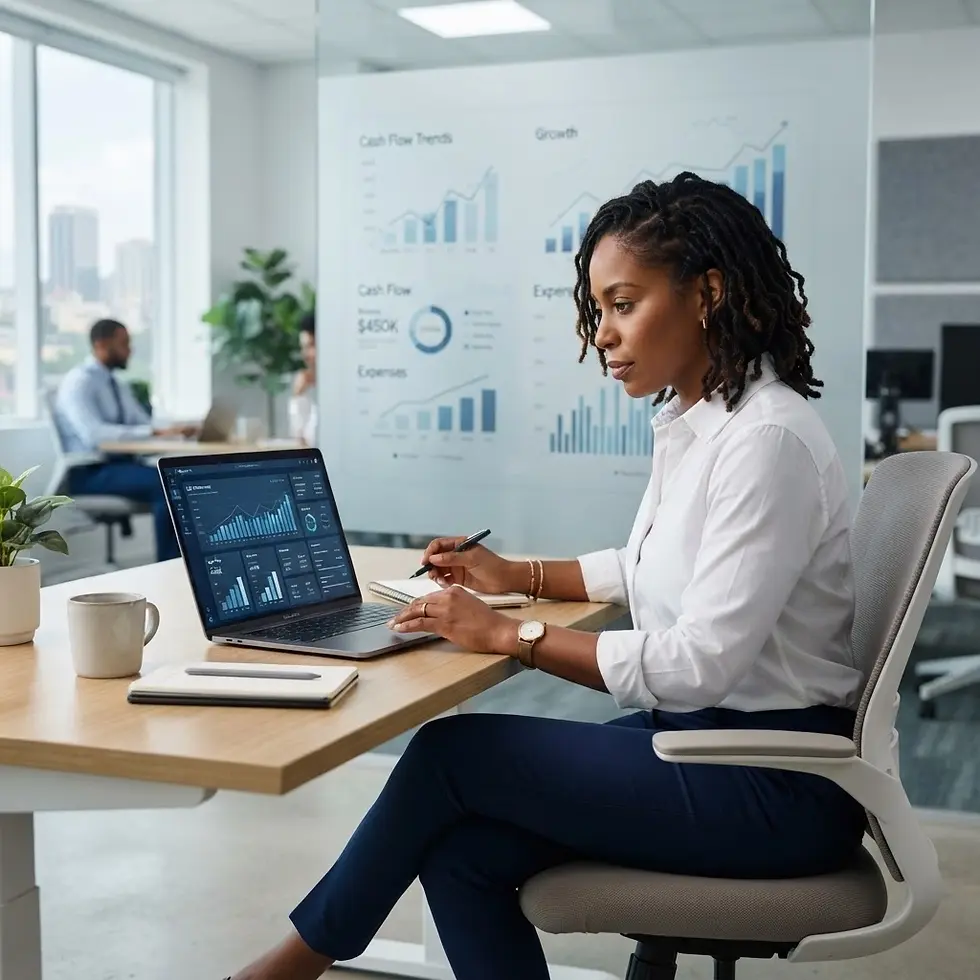 create sophisticated image of a woman business owner reviewing a financial dashboard, repo