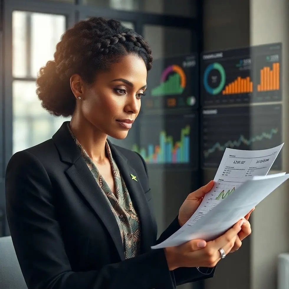 create sophisticated image of a woman business owner reviewing a financial dashboard, repo