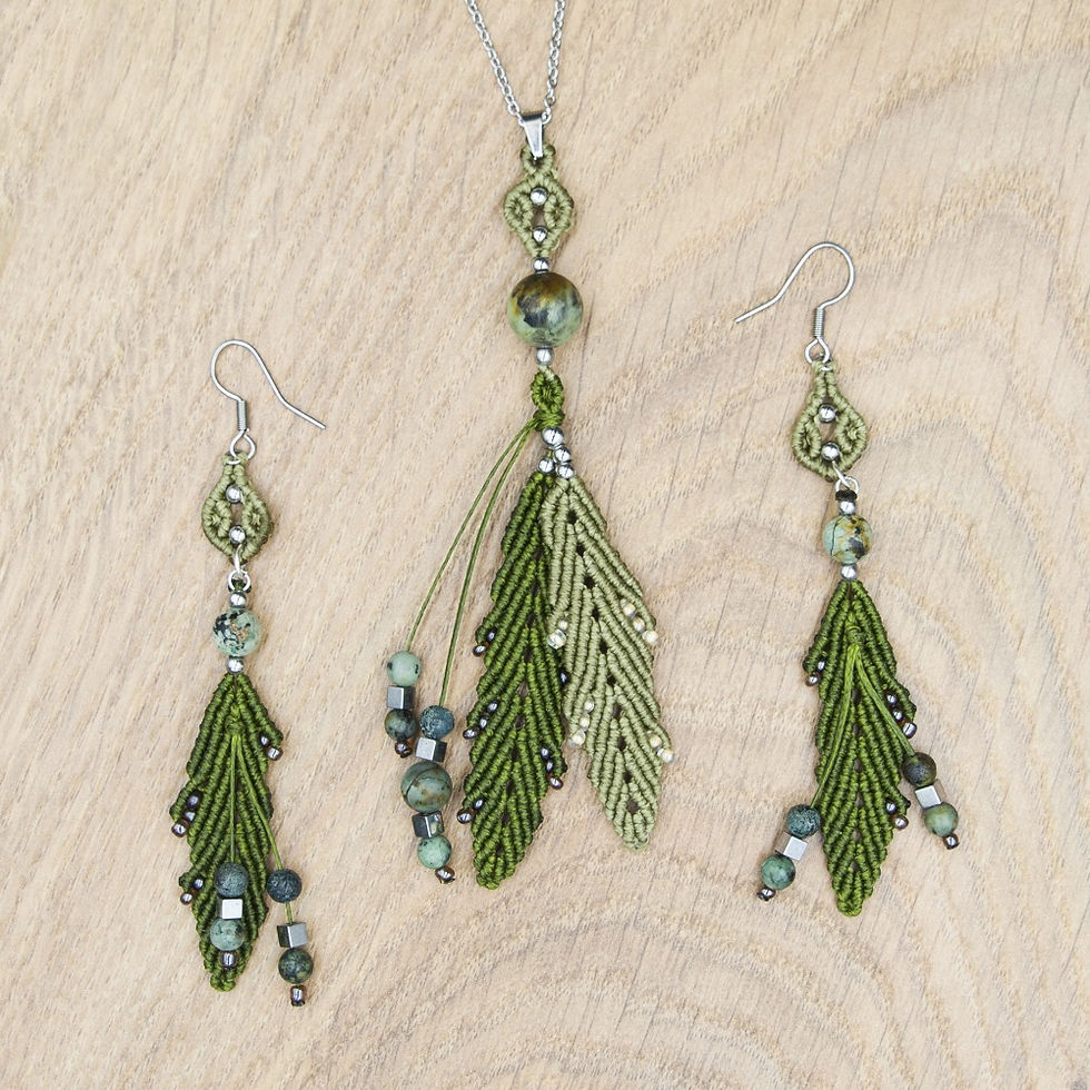 Thumbnail: MACRAME TURQUOISE AND HEMATITE LEAF EARRINGS