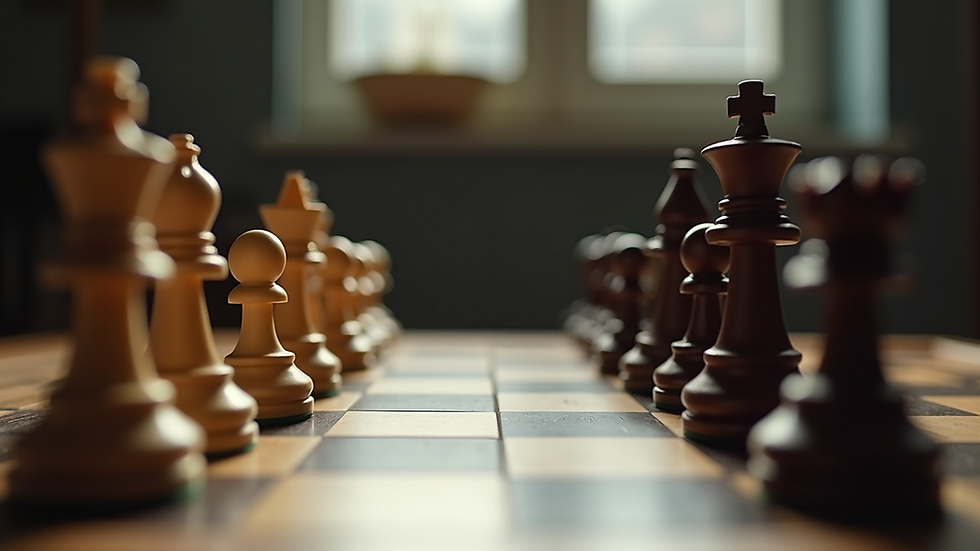 Eye-level view of a chess board set for a match