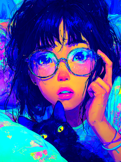 Alt description: A neon anime-style girl with oversized glasses and star earrings looks back beside a black cat, surrounded by glowing cyan and purple city lights with dreamy cosmic textures.