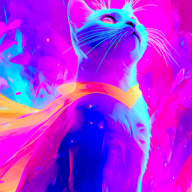 Vibrant neon fantasy artwork of a glowing superhero cat with a flowing cape in pink, cyan, and purple cosmic lighting surrounded by dreamy psychedelic energy and celestial colors.