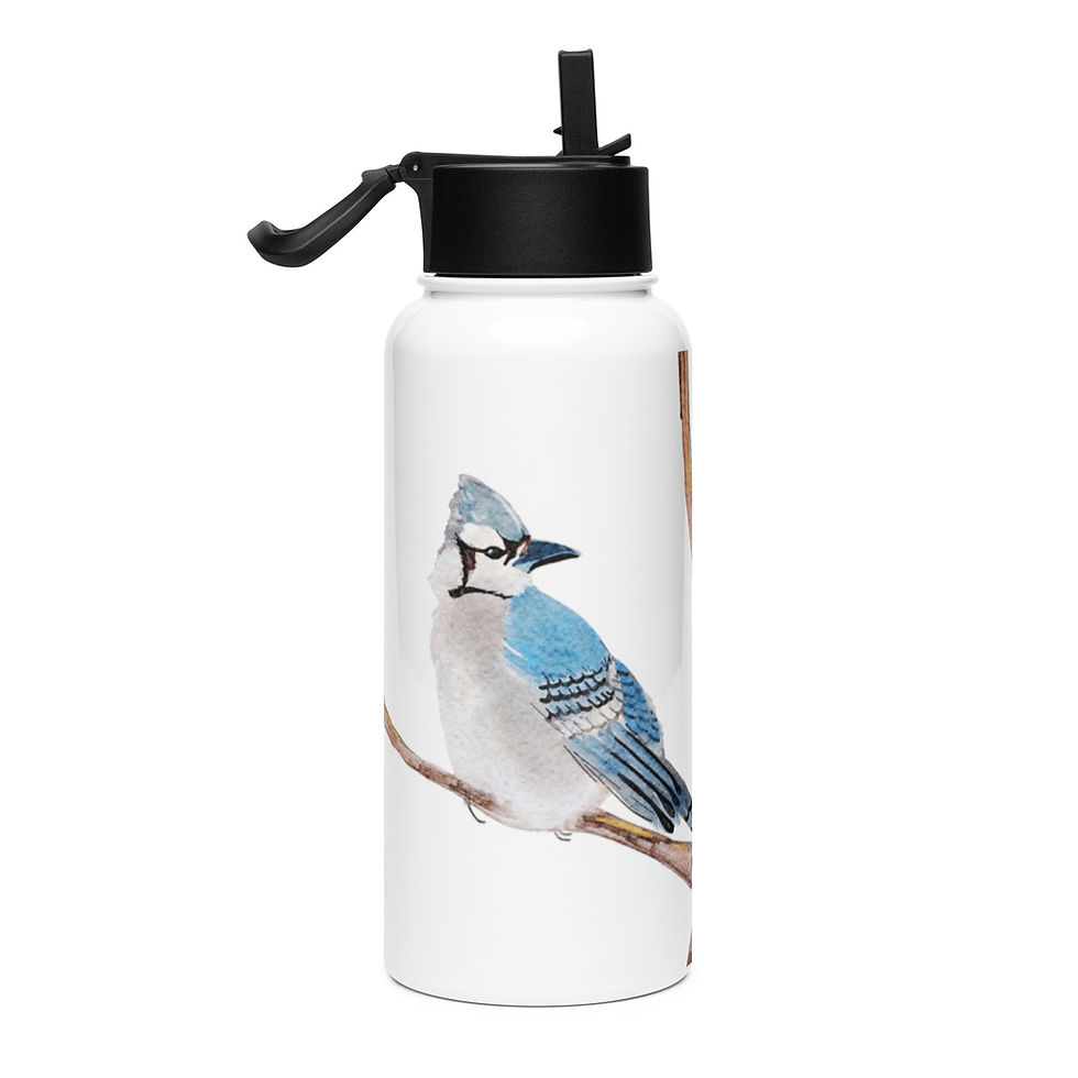 Thumbnail: "Blue Jay" Watercolor - Stainless steel water bottle with a straw lid