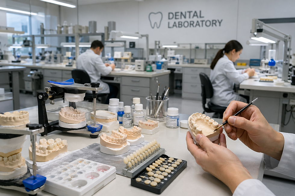 Dental laboratory with technicians making dentures