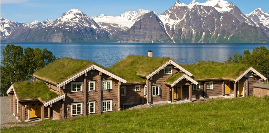 Abitazioni tradizionali norvegesi con tetto in terra e erba