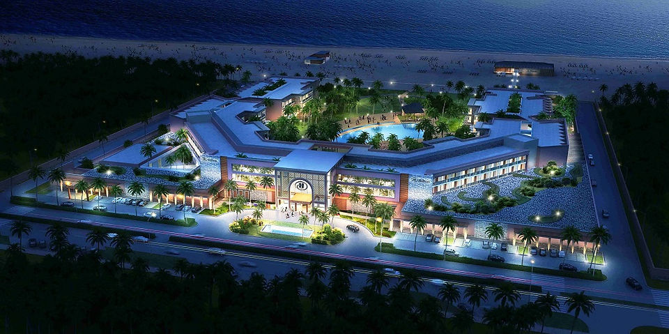 Vista notturna di un grande resort sulla spiaggia a Capo Verde
