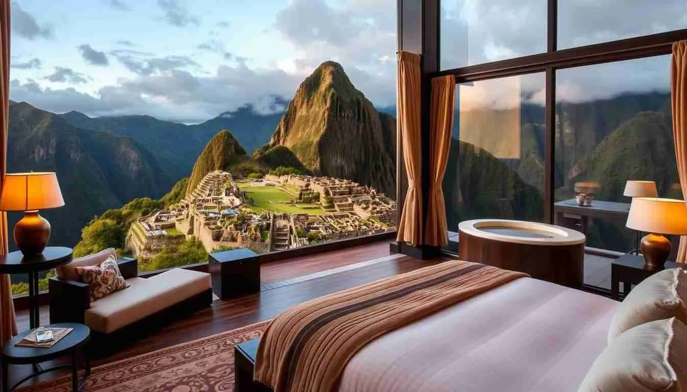 Interno di una stanza matrimoniale con vista Machu Picchu