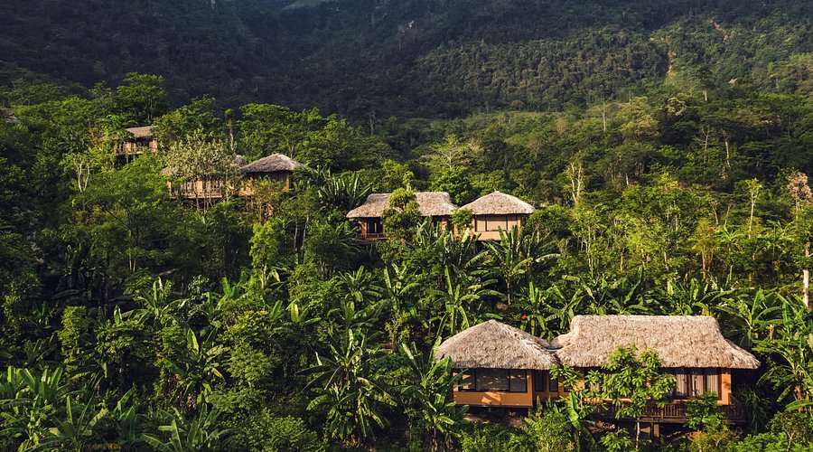 Bungalow in bamboo e paglia su una collina coperta da foresta e risaie nel nord‑Vietnam.