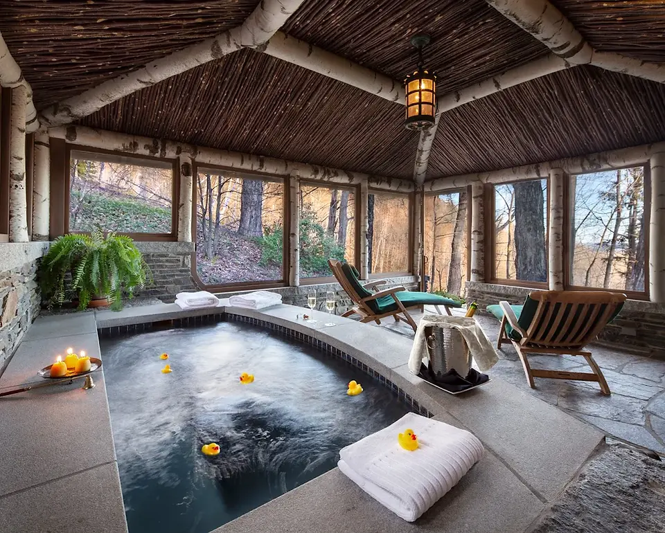 Vista di piscina interna idromassaggio in un lodge di montagna con tetto in legno