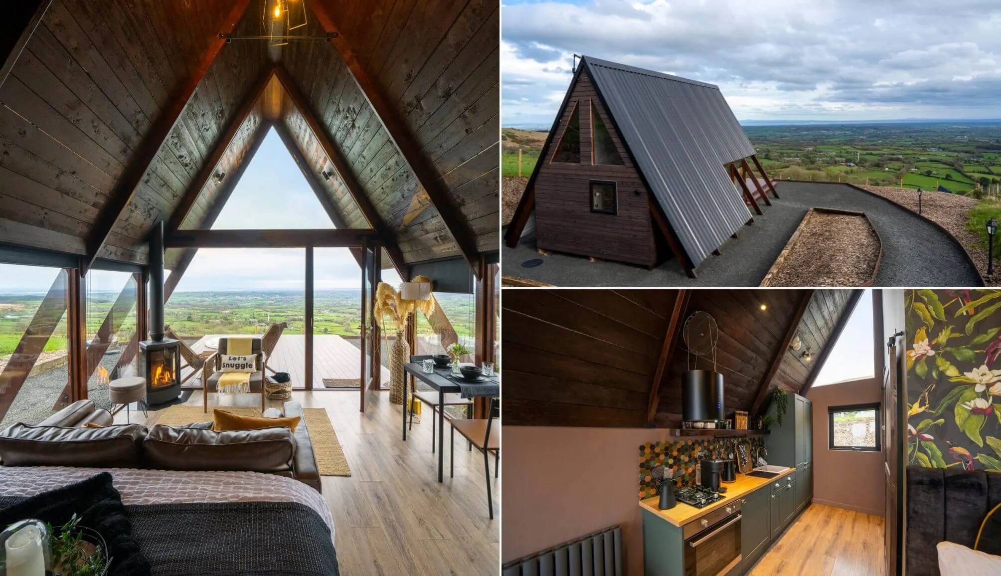 collage di foto mostrano dei lodge con tetto a spiovente arredati in legno, in mezzo alla campagna irlandese