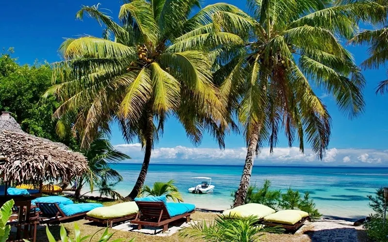 Spiaggia con palme e mare cristallino e lettini