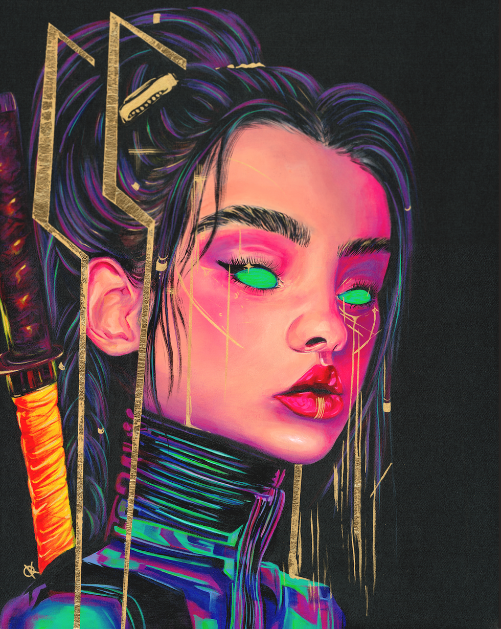 Futuristic portrait of a woman with glowing eyes.