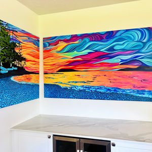 Colorful abstract landscape painting with flowing waves of pink, orange, blue, and purple across a canvas.