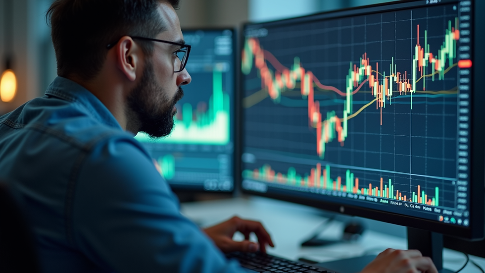 Close-up view of a trader analyzing stock charts on a computer screen