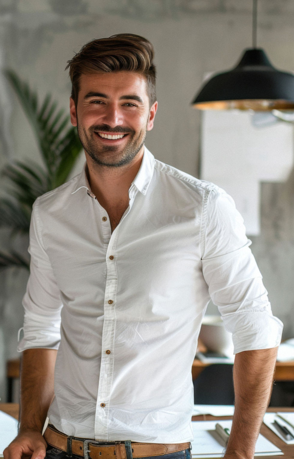 Smiling man with straight hair in a white shirt holds his head with one hand against a plain light background, conveying a joyful mood.