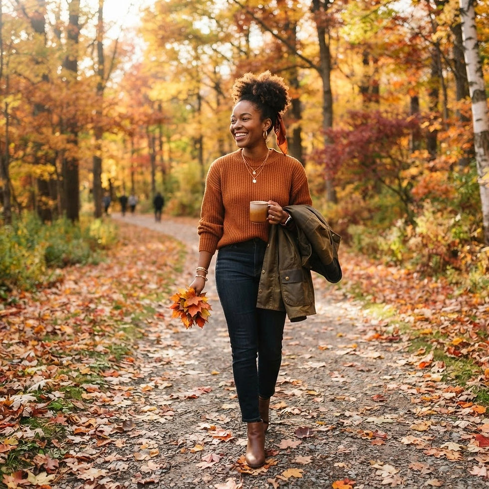 Smiling woman walks along a leaf-covered forest path in autumn, holding a mug, jacket, and fallen leaves.