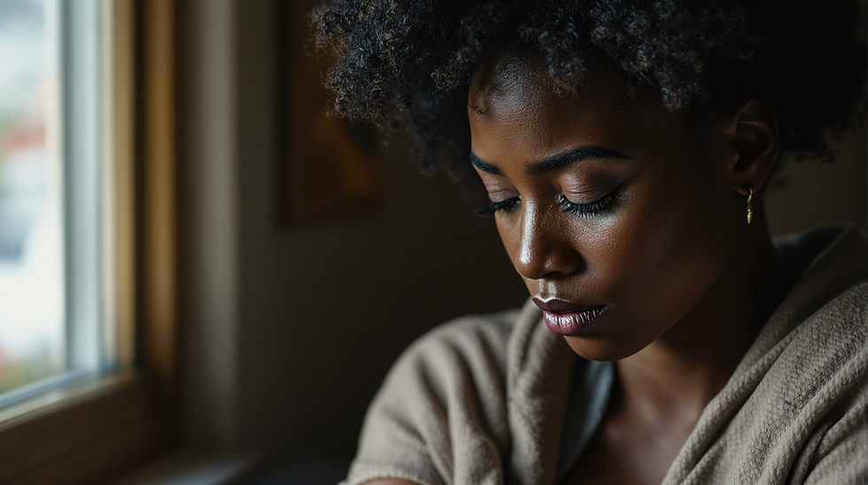 A woman with curly hair gazes downward near a window, wearing a beige robe. Soft light highlights her contemplative mood.