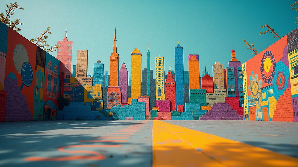 Eye-level view of a colorful mural depicting a city skyline