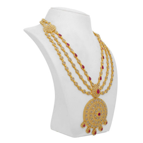 Thumbnail: Royal Traditional22 Karat Yellow Gold Gemstone Uncut Diamond Necklace Set NSEGNR