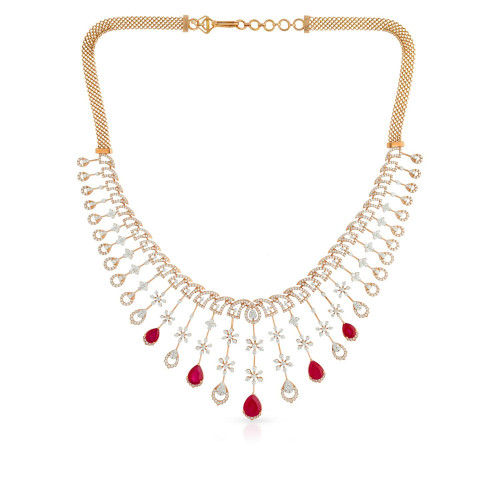Thumbnail: Luxury Chandelier Red Pearl 18 Karat Rose Gold Diamond Necklace Set NSMBDINB718N