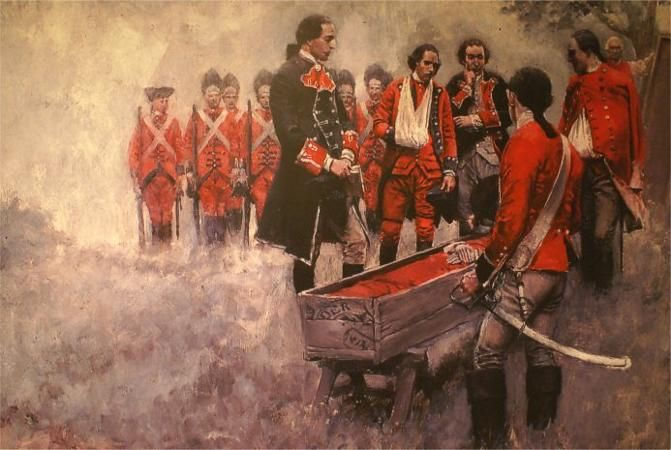 A young Lieutenant Colonel Washington presides over the burial of General Braddock, July 13, 1755.