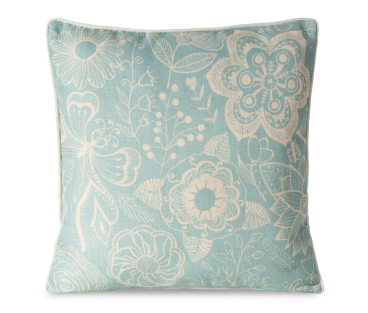 Dekoratív len világoskék, virágmintás díszpárna, 45x45 cm