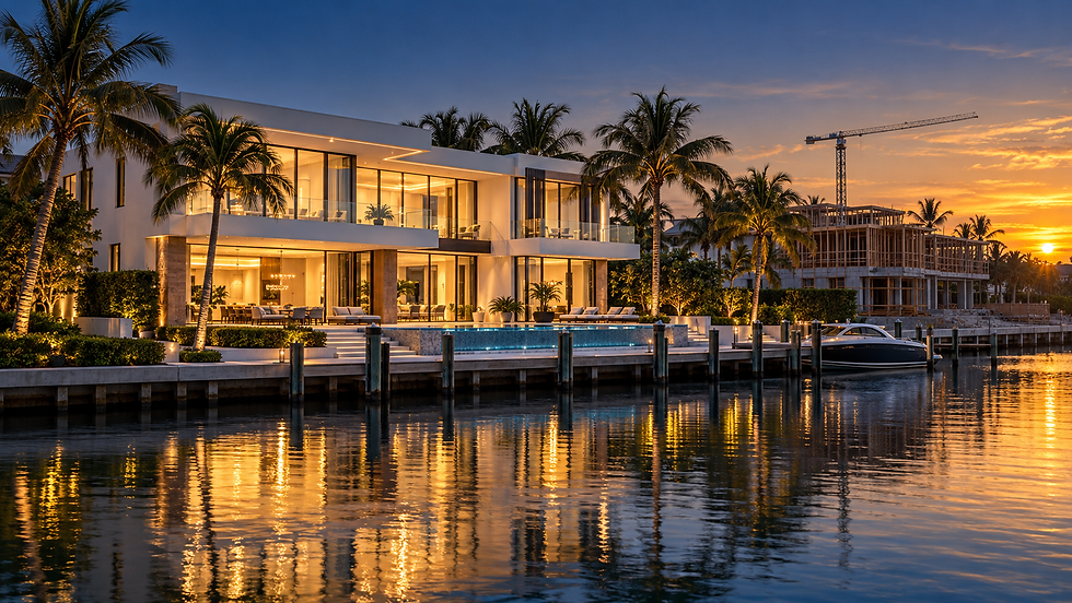 New waterfront home at golden hour