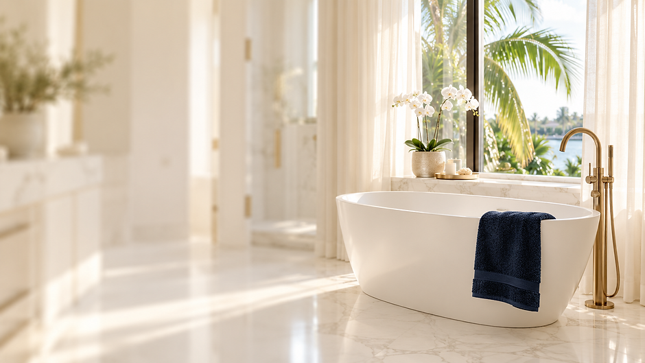 Sunlit marble bathroom with soaking tub