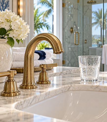 Marble bathroom vanity with brass faucet showing everyday hard water spots