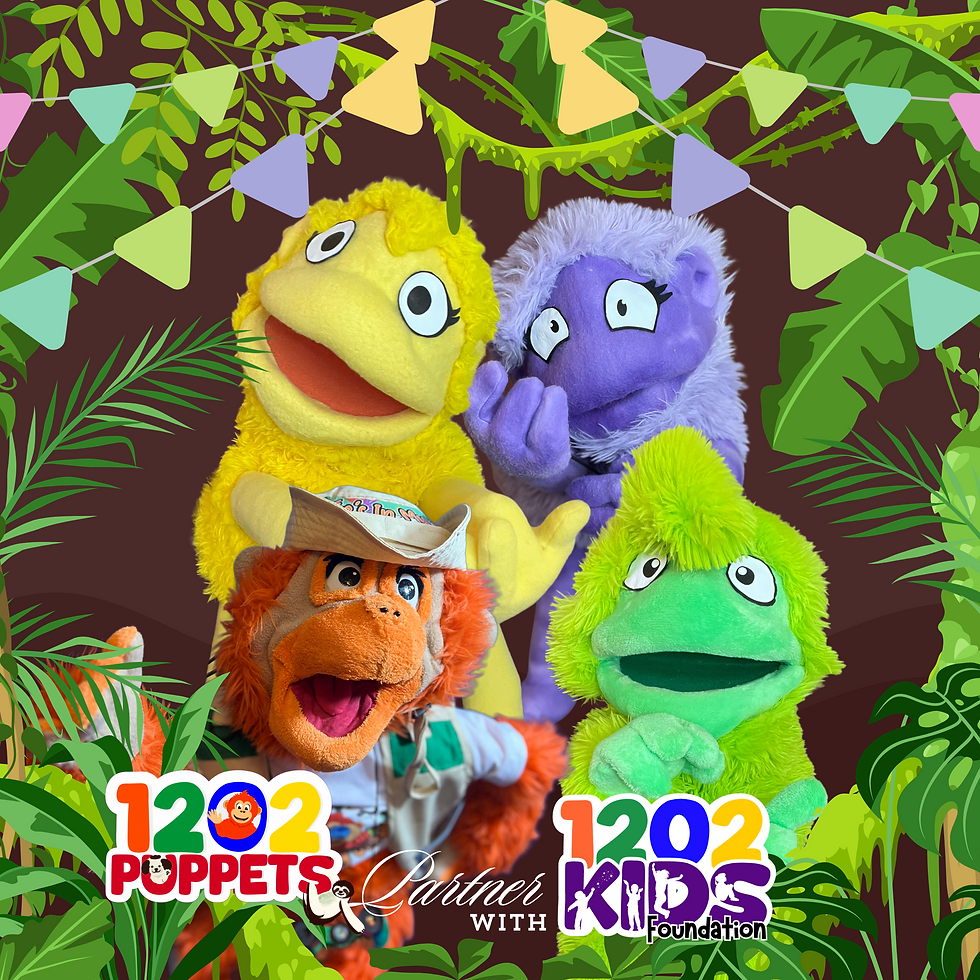 Orange orangutan with emotional puppets.