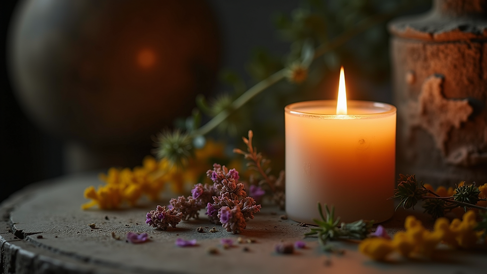 Close-up view of a candle and herbs used in spell work