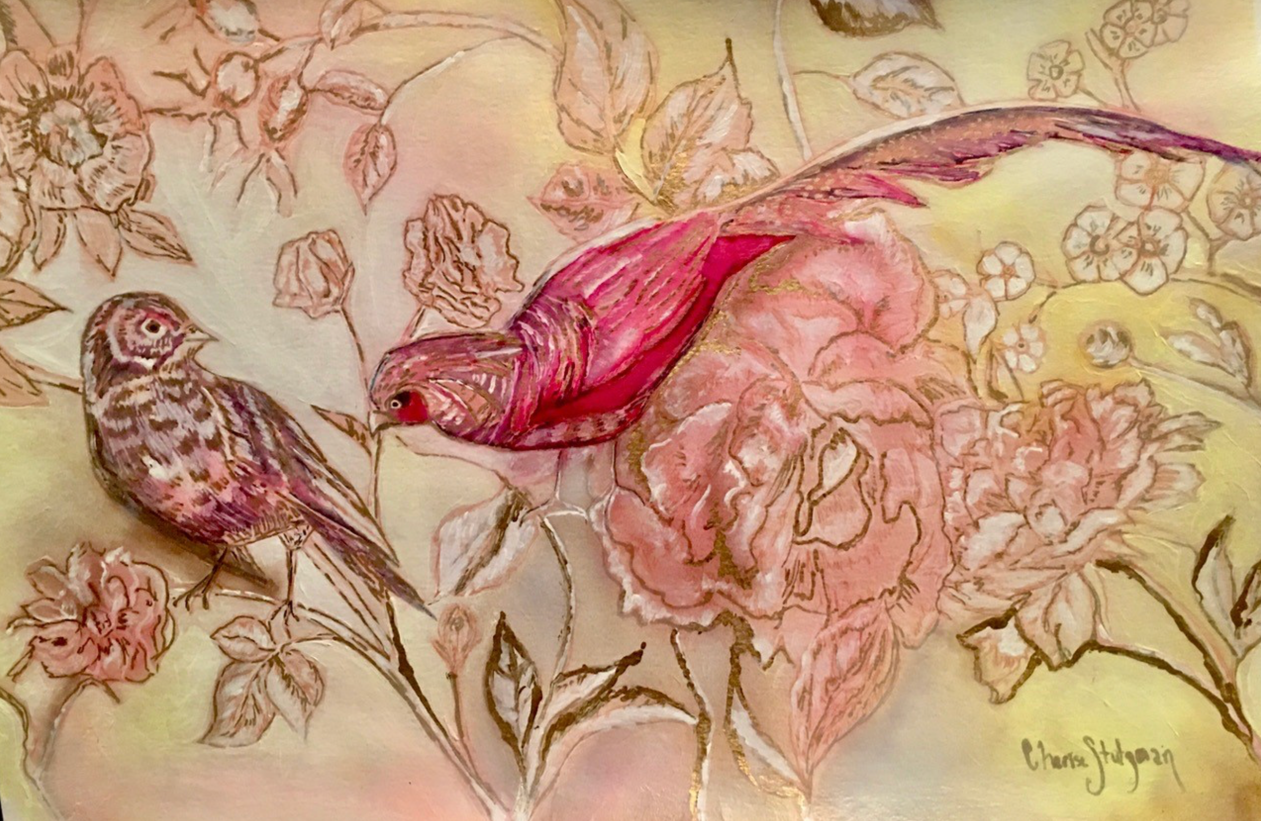 Red Birds in Gold Pen