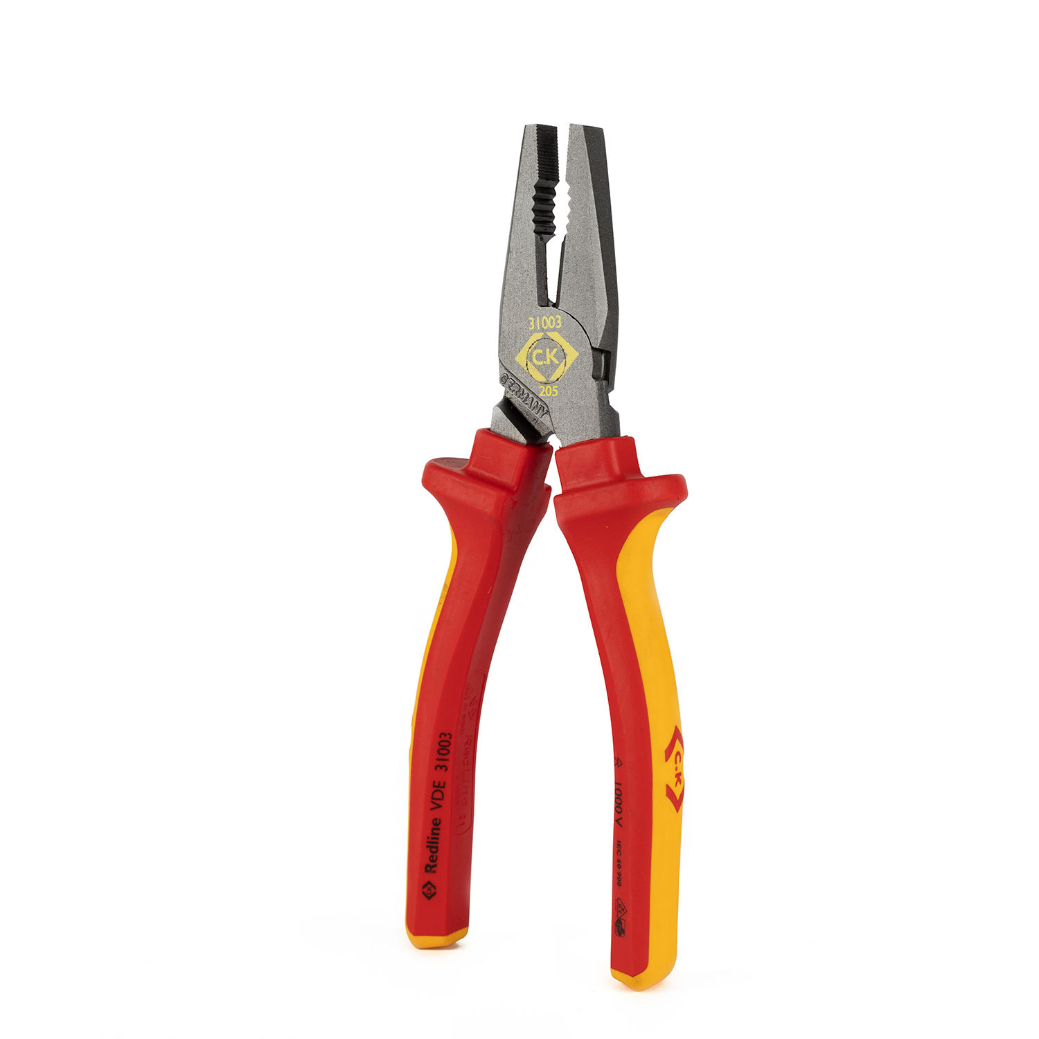 C.K RedLine VDE combination pliers 205mm with red and yellow insulated handles shown at a three-quarter angle