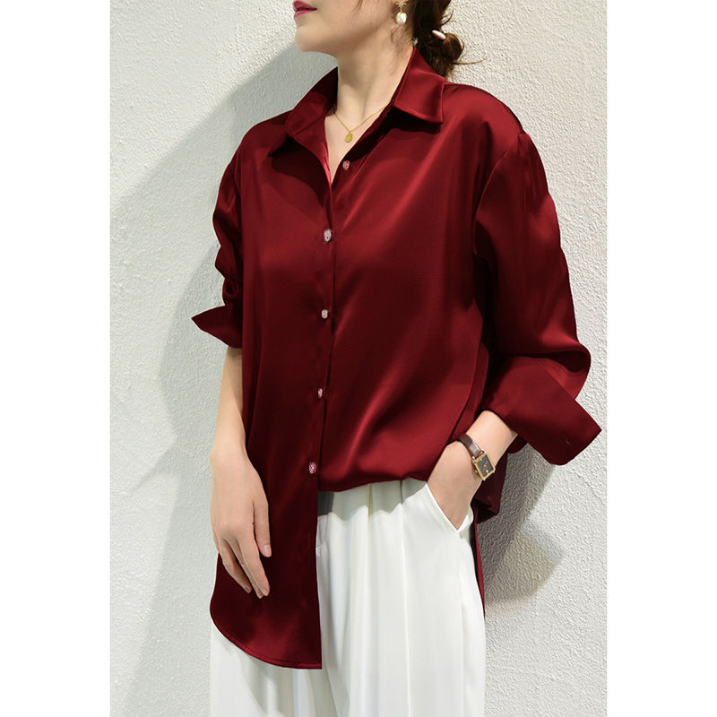 Thumbnail: All-match Satin Finish Shirts And Blouses Women Clothing Casual Top OL Long Slee