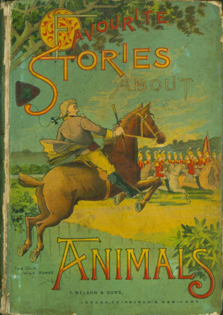 A book cover for "Favourite Stories About Animals" with the picture of a man on a horse jumping over a fence going to join other people on horses.