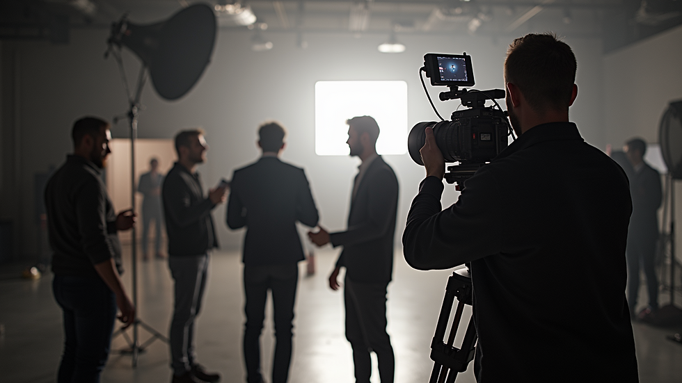 Wide angle view of a film crew setting up lights and camera on a commercial shoot