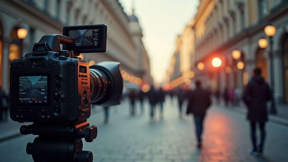 Eye-level view of a camera filming a commercial video setup